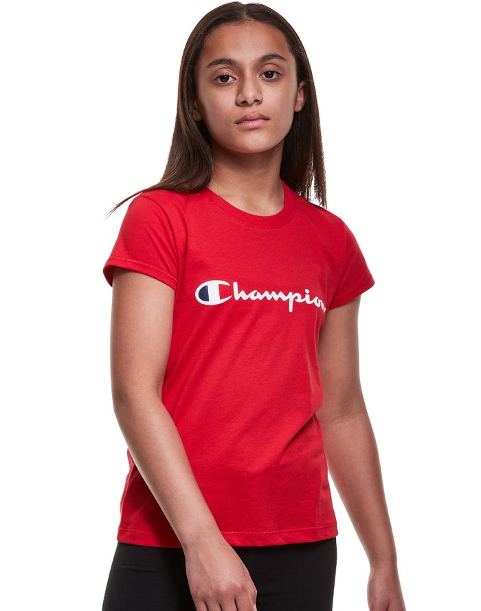 Champion Classic Script Logo Kiz Çocuk Tişört Kırmızı ( PFYKWQ832 )